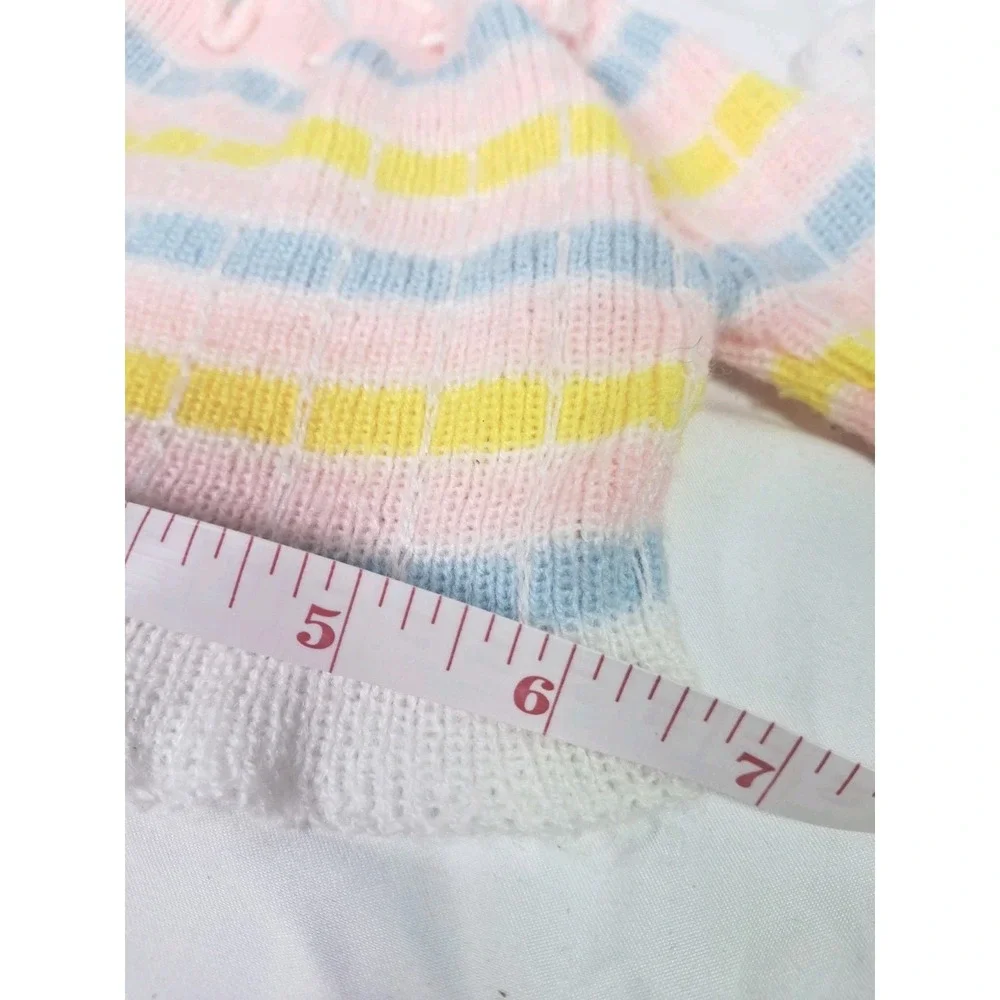 Vintage Hand Knit Doll Outfit Hat Sweater Footed Pants Baby Doll Pink Yellow Pom